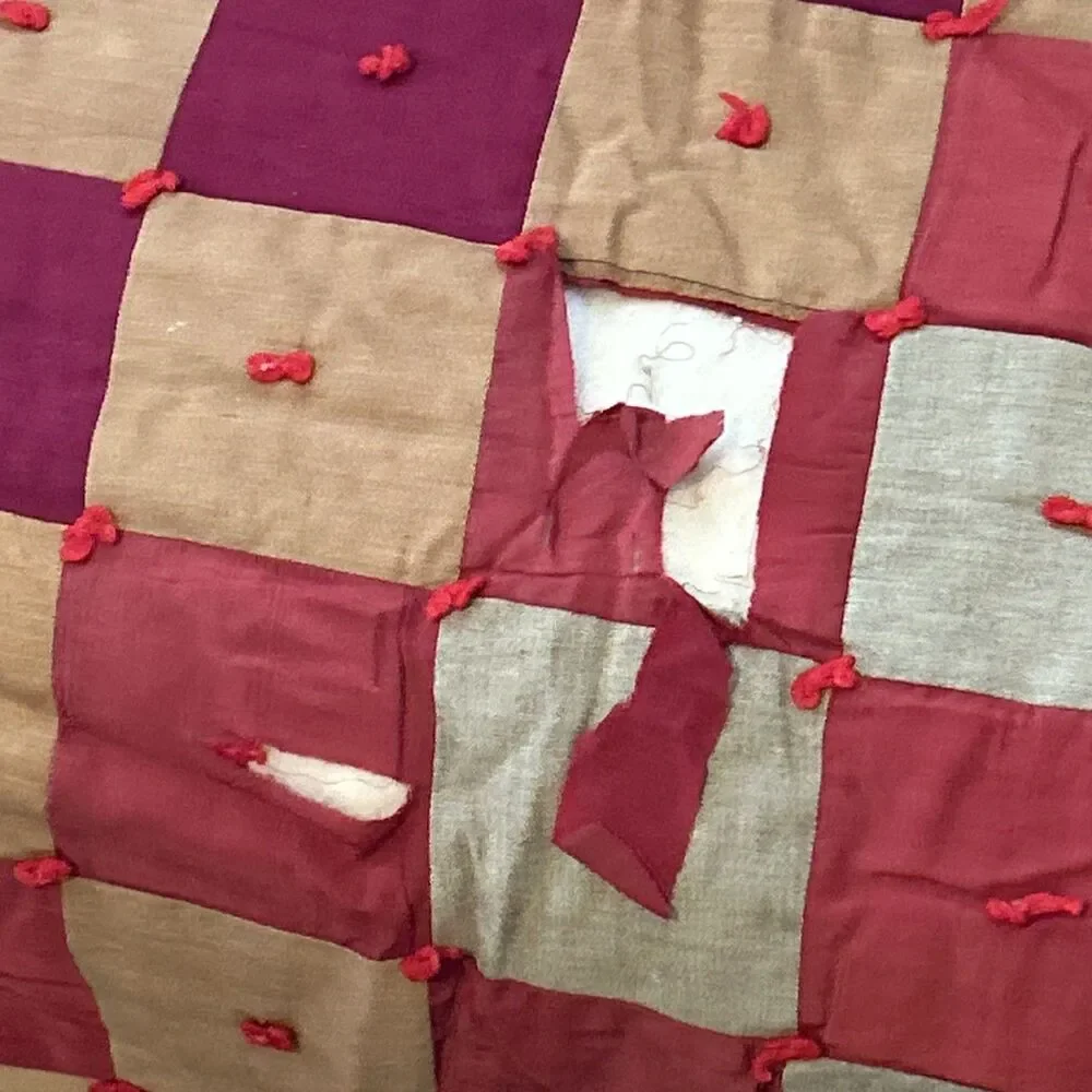 Antique vintage homemade checkerboard Tied quilt patchwork red mustard folk‎ art